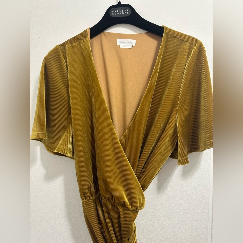 Layla Lovers + Friends Revolve Mini Dress Velvet Wrap in Gold Mustard - Picture 5 of 5